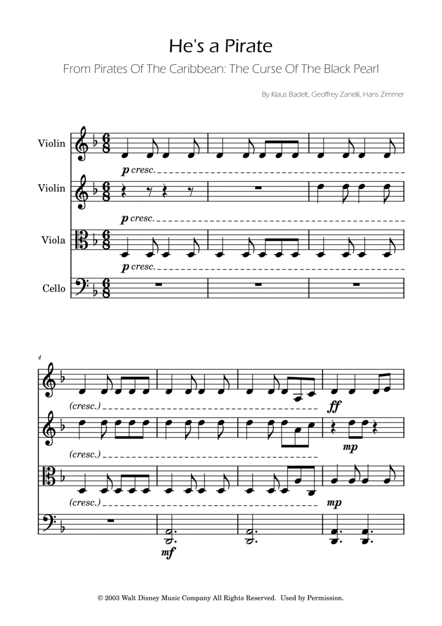 He's A Pirate String Quartet scores gallery preview page 1