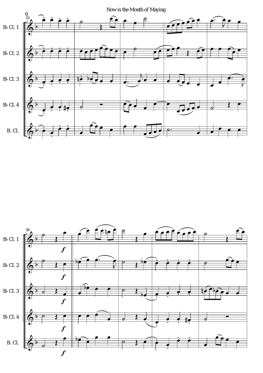 Now is the Month of Maying with variations for clarinet quintet (4 B flats, 1 Bass) Clarinet Quintet scores gallery preview page 6