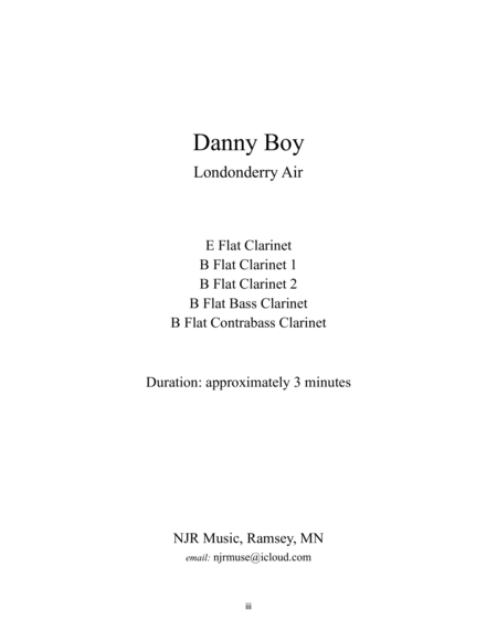 Danny Boy (Clarinet Quintet) Eb ,Bb(2), B. Cl. & Cb. Cl. (Full Set) image number null