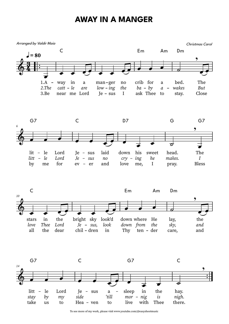 Away in a Manger – Lead Sheet in C (with Lyrics and Chords) Piano scores gallery preview page 1
