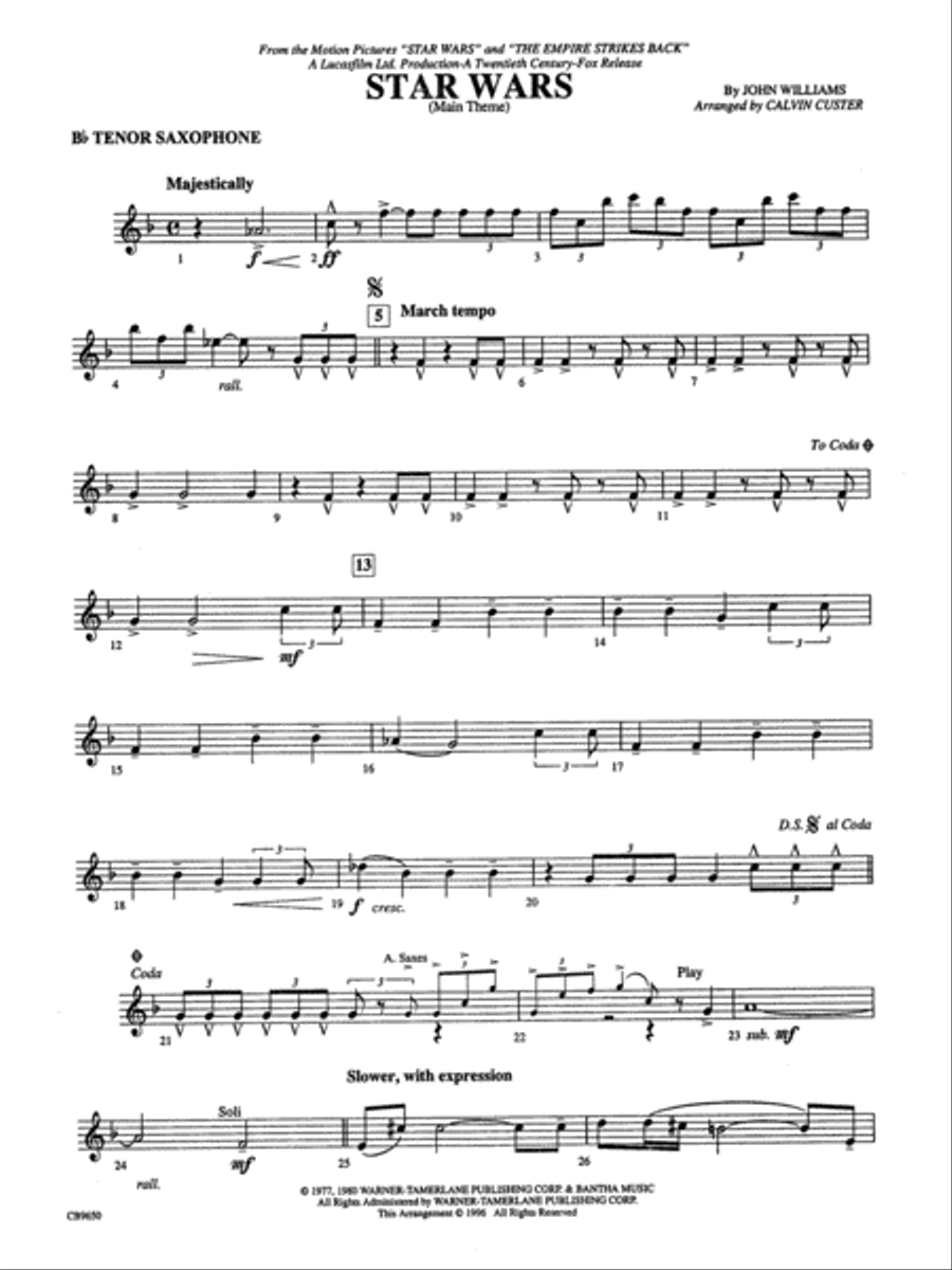 Star Wars Main Theme B flat Tenor Saxophone by John Williams