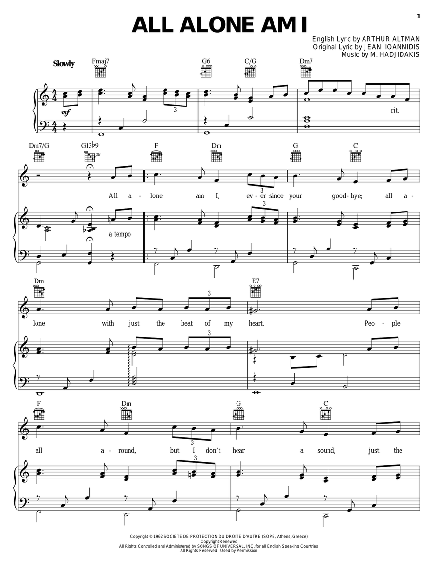 All Alone Am I All Alone Am I Piano, Vocal, Guitar scores gallery preview page 1