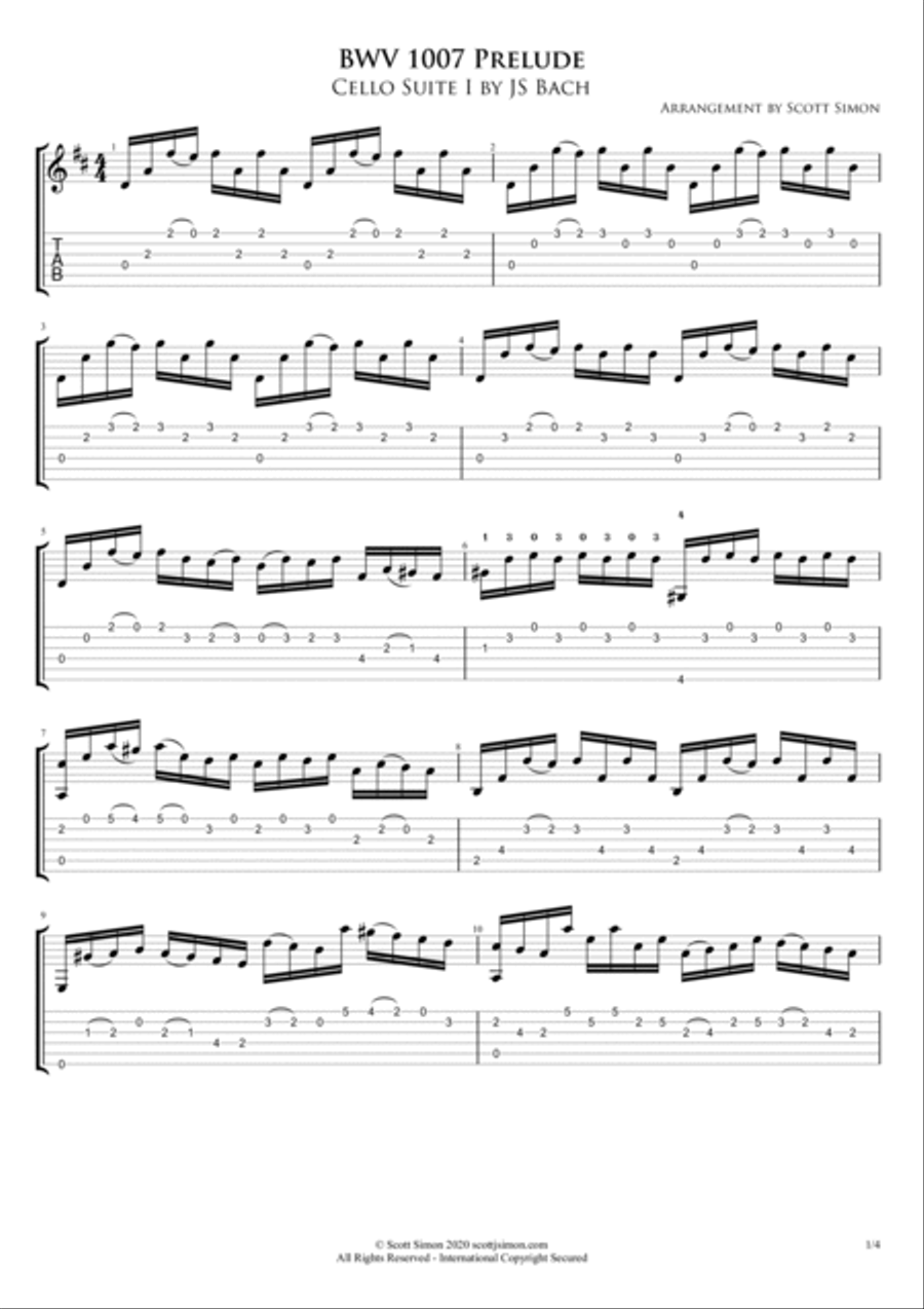 Cello Suite I Prelude BWV 1007 for Classical Guitar (Tablature Edition) Cello scores gallery preview page 2
