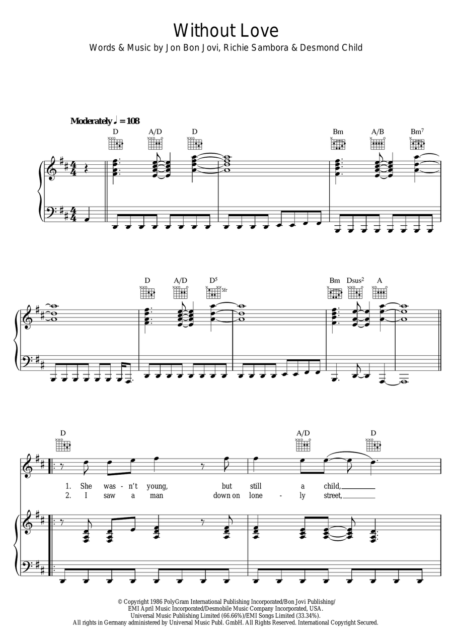 Without Love Piano, Vocal scores gallery preview page 1