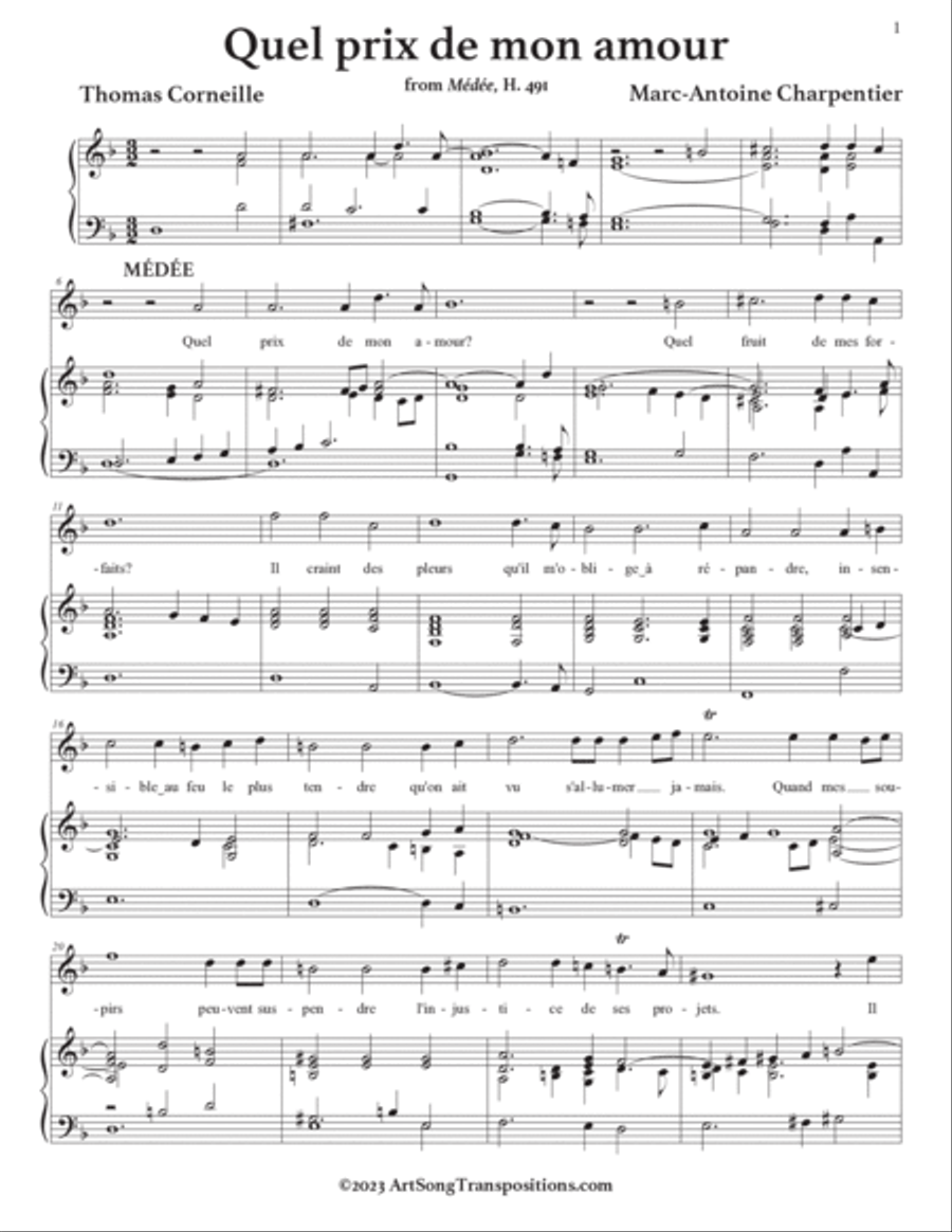CHARPENTIER: Quel prix de mon amour (transposed to D minor and C-sharp minor) Voice scores gallery preview page 2