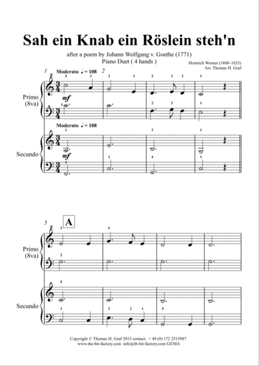 Sah ein Knab ein Roeslein stehn - German Folk Song - Piano Duet (4 Hands) Easy Piano scores gallery preview page 1