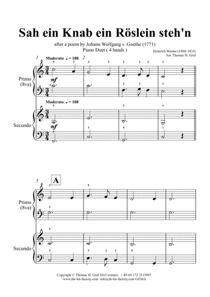 Sah ein Knab ein Roeslein stehn - German Folk Song - Piano Duet (4 Hands) image number null