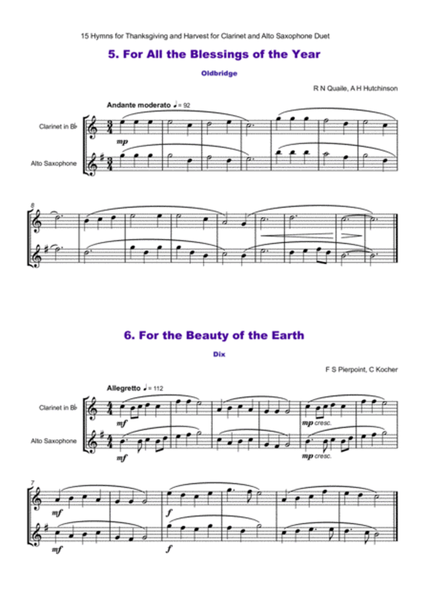 15 Favourite Hymns for Thanksgiving and Harvest for Clarinet and Alto Saxophone Duet