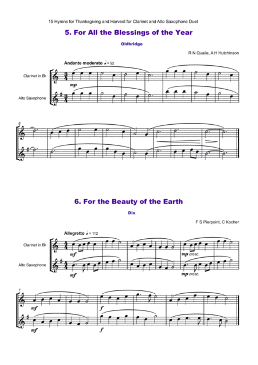 15 Favourite Hymns for Thanksgiving and Harvest for Clarinet and Alto Saxophone Duet