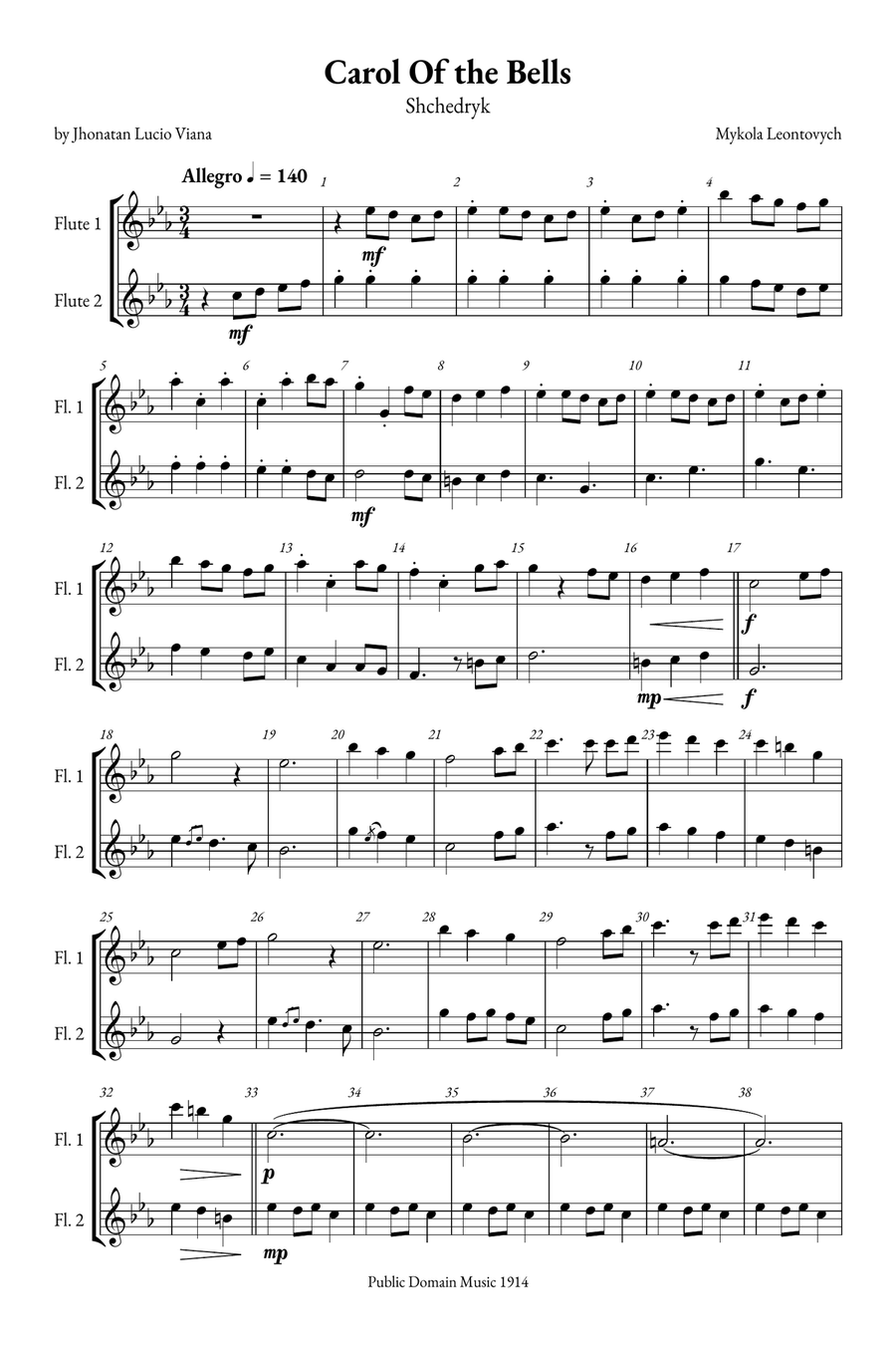Carol of the Bells Flute Duet scores gallery preview page 1