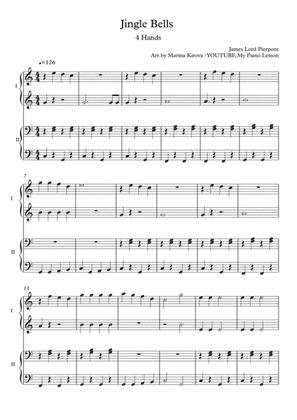 Jingle Bells - Four Hands Easy Piano DUET with NOTE NAMES in EASY TO READ FORMAT