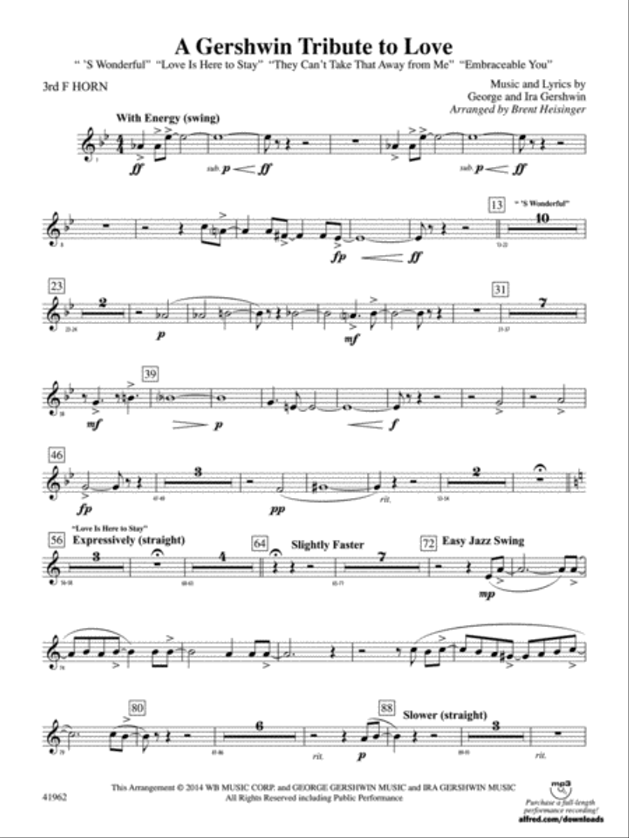 A Gershwin Tribute to Love: 3rd F Horn Concert Band scores gallery preview page 1