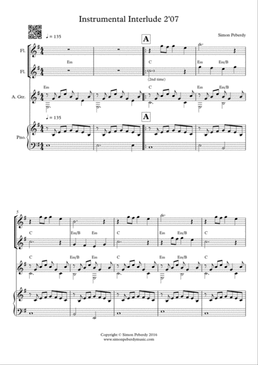 Melodious Instrumental Interlude 2'07 in E minor for 2 flutes, guitar and/or piano by Simon Peberdy image number null