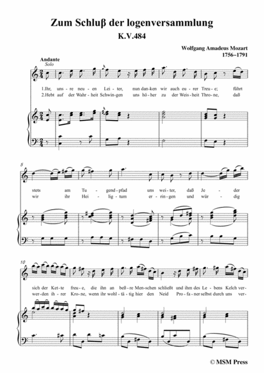 Mozart-Zum Schluβ der logenversammlung,in C Major,for Voice and Piano image number null