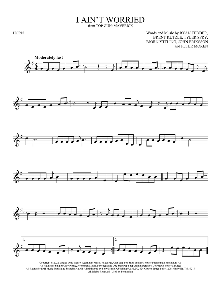 I Ain't Worried (from Top Gun: Maverick) Horn Solo scores gallery preview page 1
