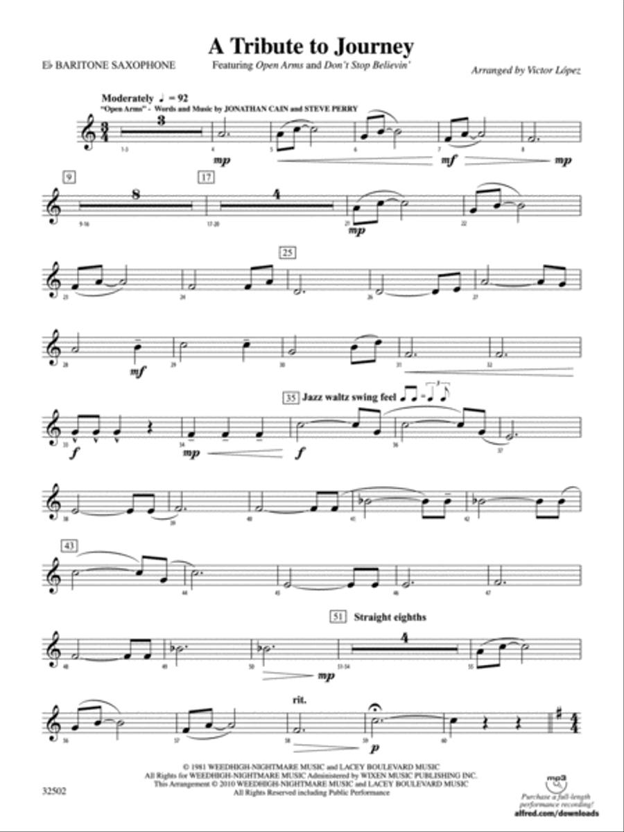 A Tribute to Journey: E-flat Baritone Saxophone Concert Band scores gallery preview page 1