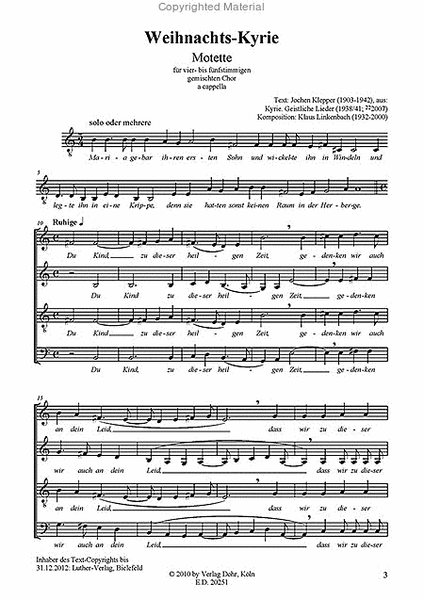 Weihnachts-Kyrie -Motette für vier- bis fünfstimmigen gemischten Chor a cappella- (auf einen Text von Jochen Klepper)