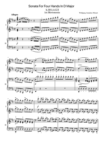 Mozart - Sonata for Piano Four-Hands in D major, K.381/123a - 1st Mov Original With Fingered image number null