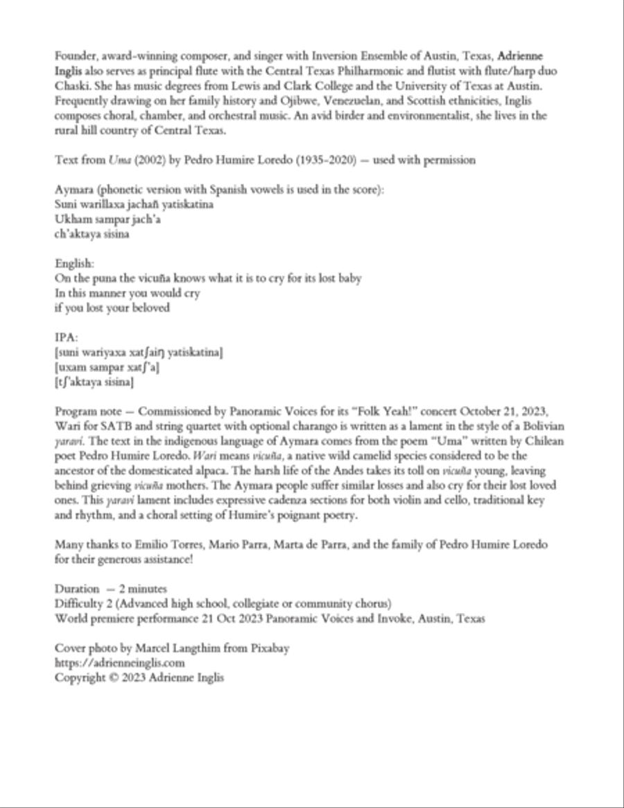Wari (Vicuña) for SATB + string quartet with optional charango 4-Part scores gallery preview page 2