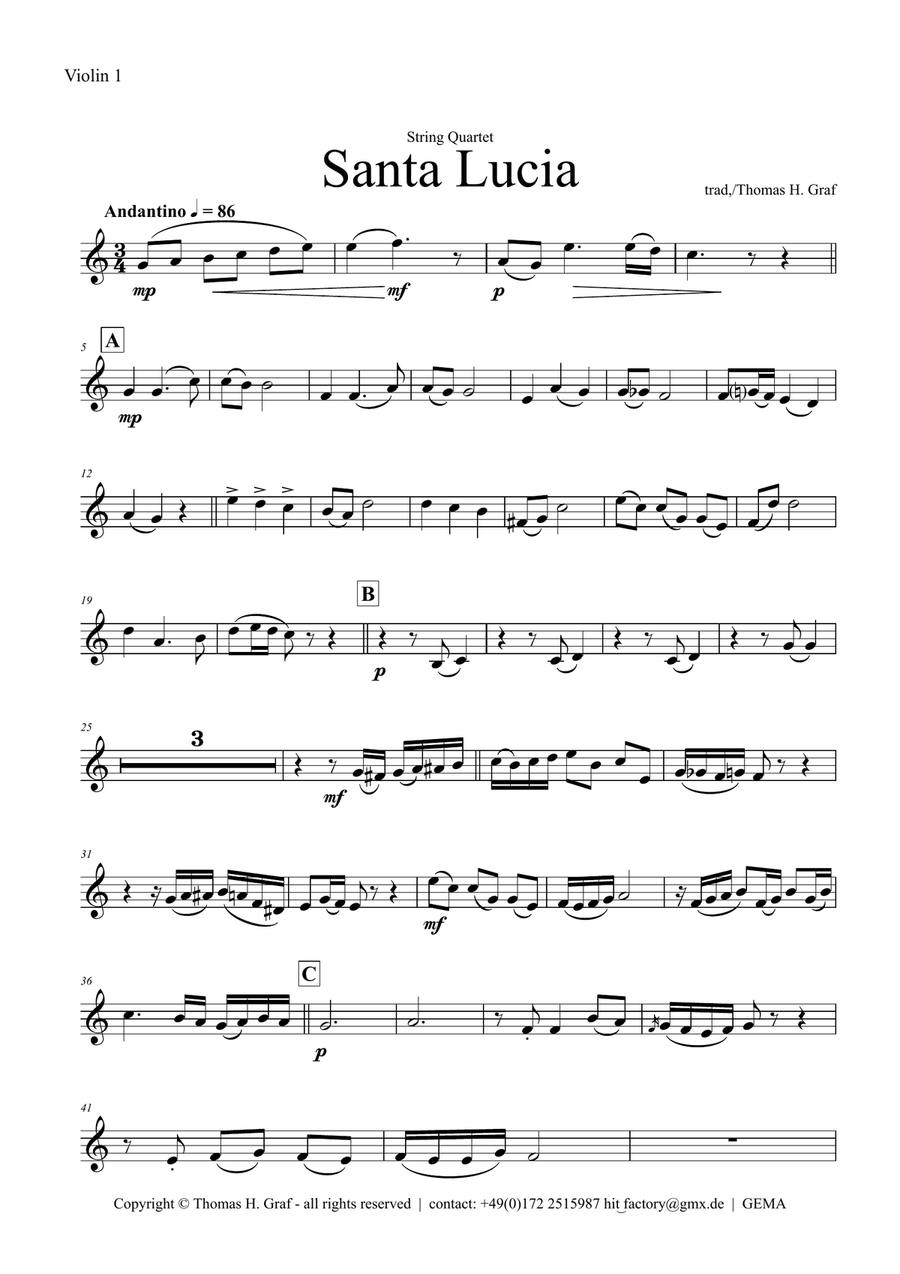 Santa Lucia - Italian Folk Song - Here in the twighlight - String Quartet String Quartet scores gallery preview page 4