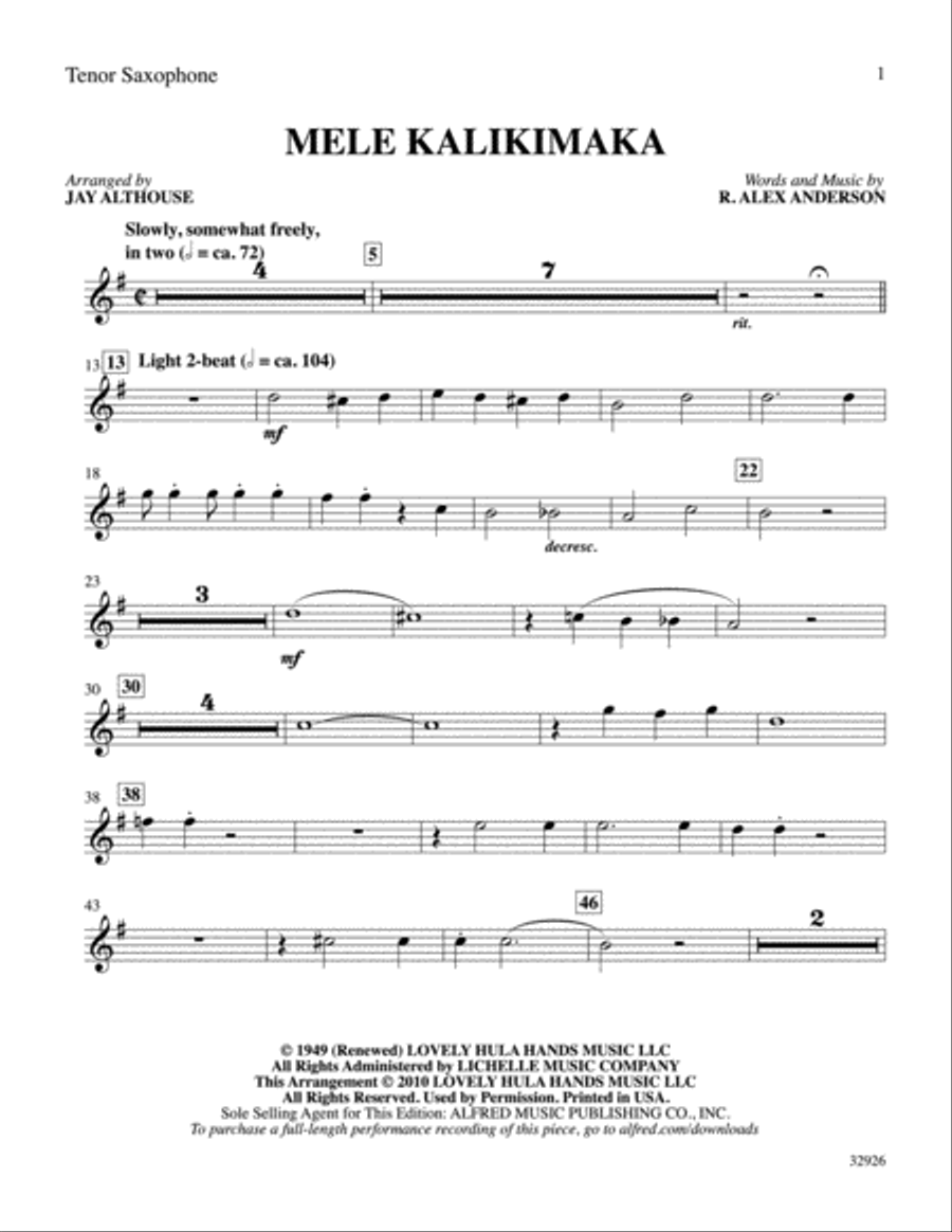 Mele Kalikimaka: B-flat Tenor Saxophone Part scores gallery preview page 1