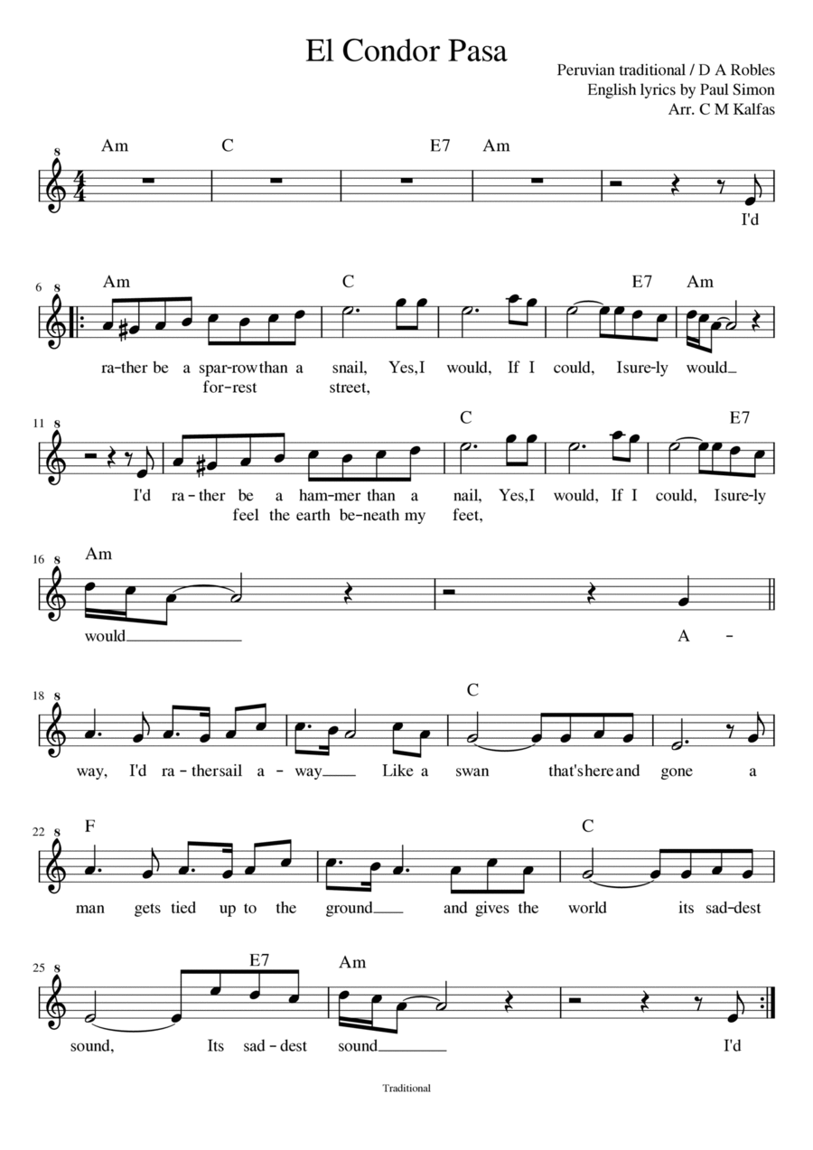 El Condor Pasa - C instruments such as recorder, flute, oboe, violin (with YouTube backing track) Small Ensemble scores gallery preview page 1