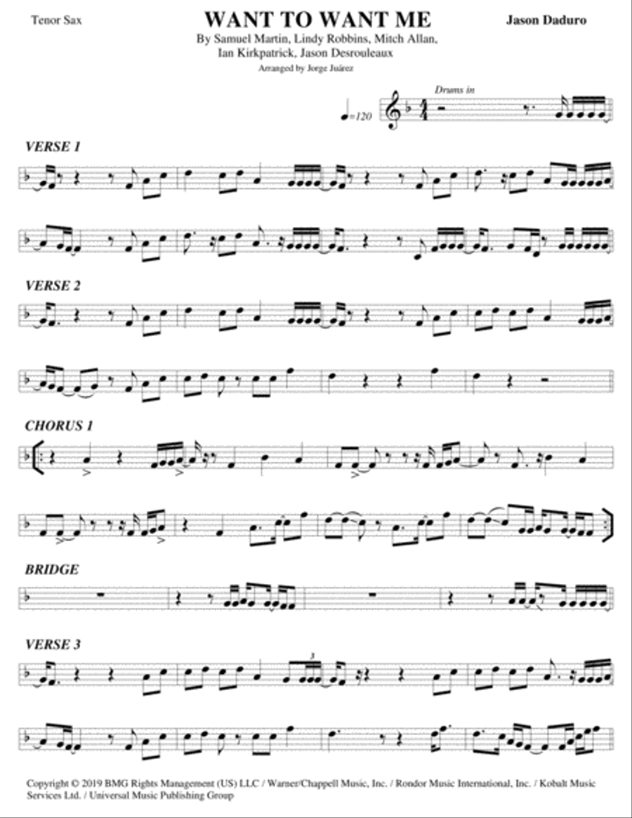 Want To Want Me Tenor Saxophone scores gallery preview page 1