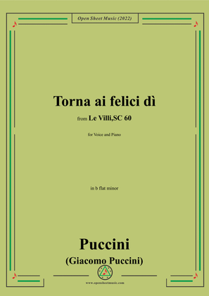 Book cover for Puccini-Torna ai felici dì,in b flat minor,from 'Le Villi,SC 60',for Voice and Piano