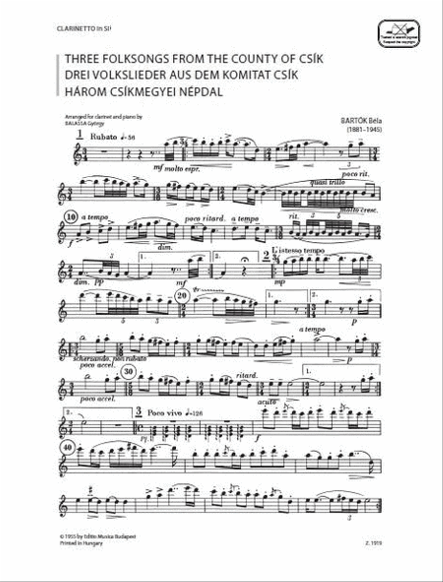 Drei Volkslieder aus dem Komitat Csík Clarinet Solo scores gallery preview page 2