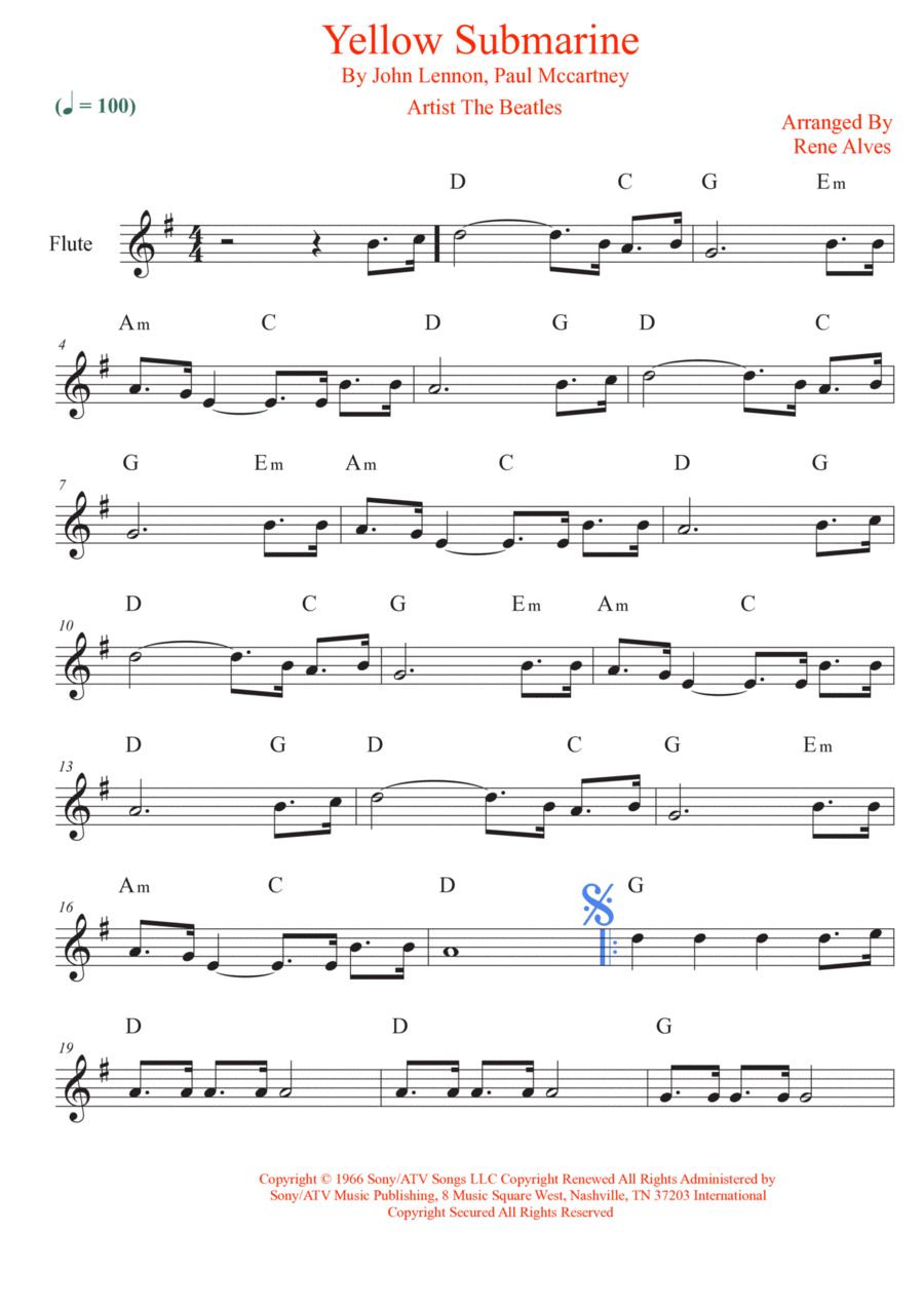 Yellow Submarine Flute Solo scores gallery preview page 1
