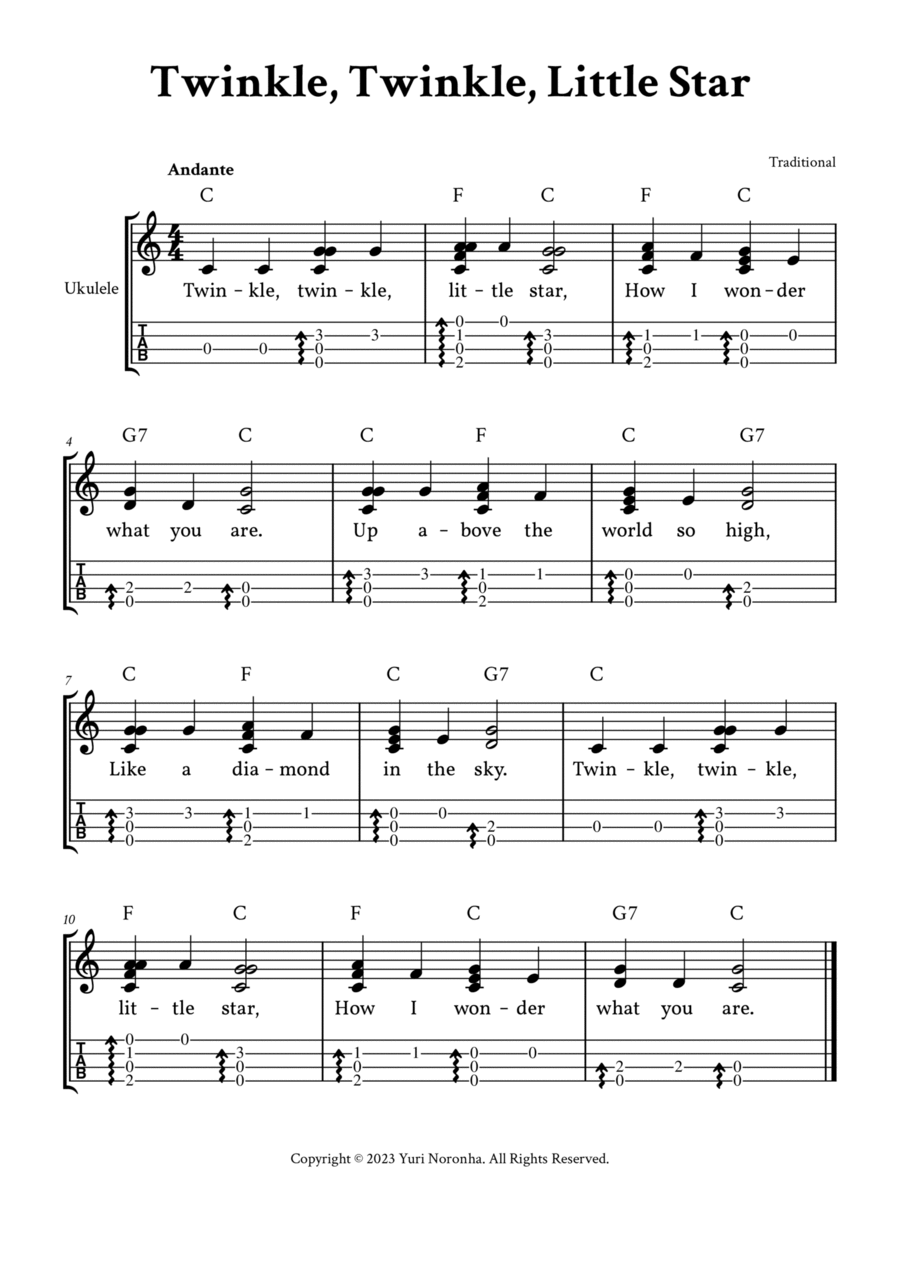 Twinkle Twinkle Little Star - Fingerstyle Ukulele (with TAB and Lyrics) Ukulele scores gallery preview page 1