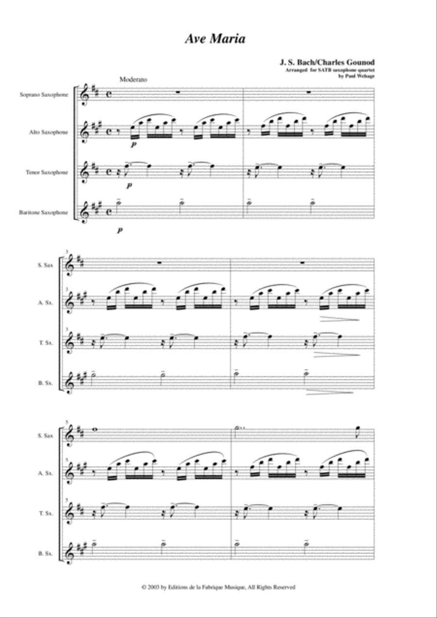 Bach-Gounod: Ave Maria, arranged for SATB saxophone quartet by Paul Wehage Saxophone Quartet scores gallery preview page 2