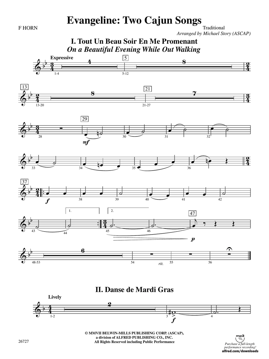 Evangeline: Two Cajun Songs: 1st F Horn