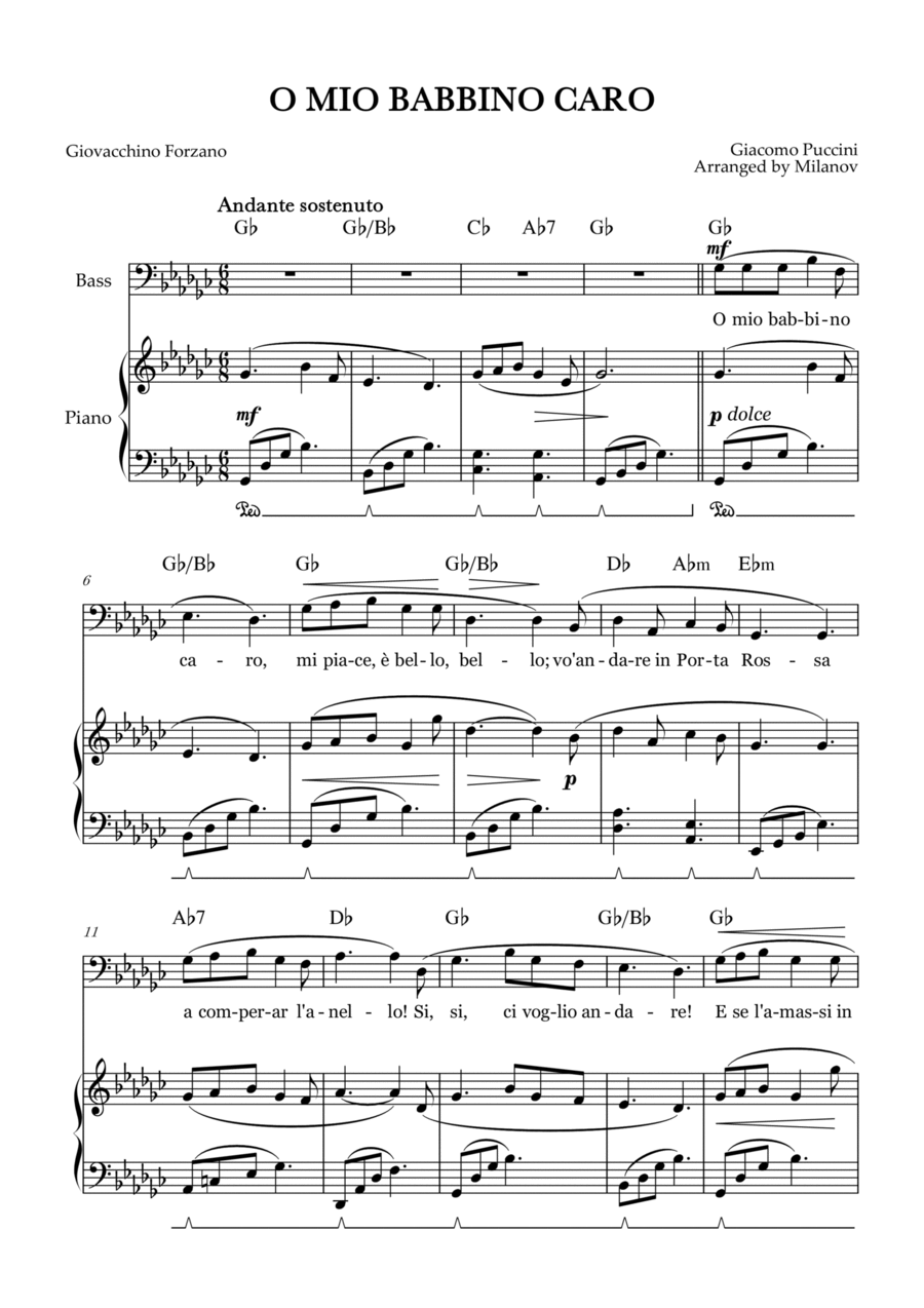 O Mio Babbino Caro | Male Voice Bass | G-flat Major | Piano accompaniment | Pedal | Chords Bass Voice scores gallery preview page 1