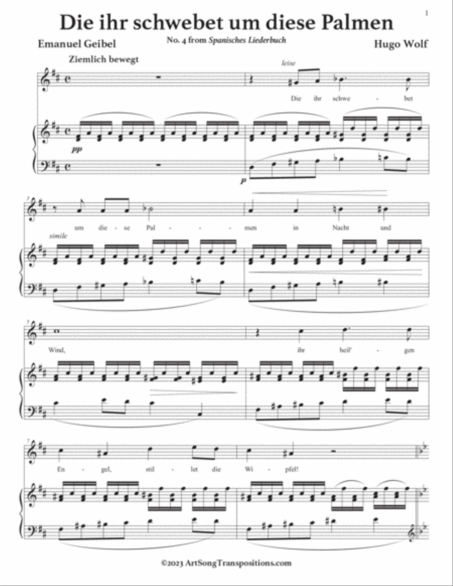 WOLF: Die ihr schwebet um diese Palmen (transposed to D major) Voice scores gallery preview page 2