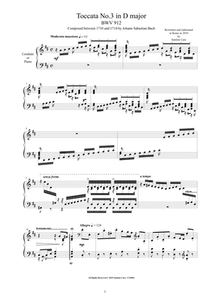 Book cover for Bach - Toccata No.3 in D major BWV 912 for Harpsichord or Piano - Complete score