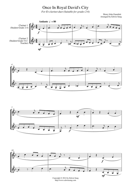 Once In Royal David's City (for Eb-Clarinet duet, suitable for grades 2-6) image number null