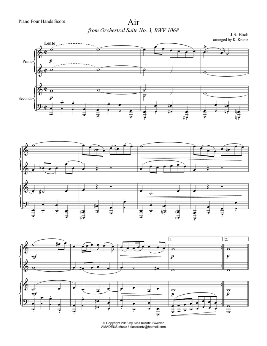 Air (on the G string) BWV 1068 for 1 piano, 4 hands 1 Piano, 4-Hands scores gallery preview page 2