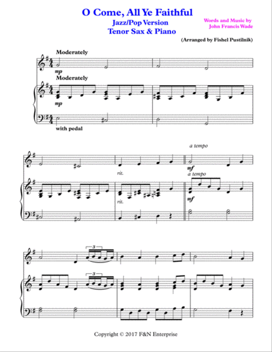 O Come, All Ye Faithful-Piano Background for Tenor Sax and Piano Woodwind Duet scores gallery preview page 2