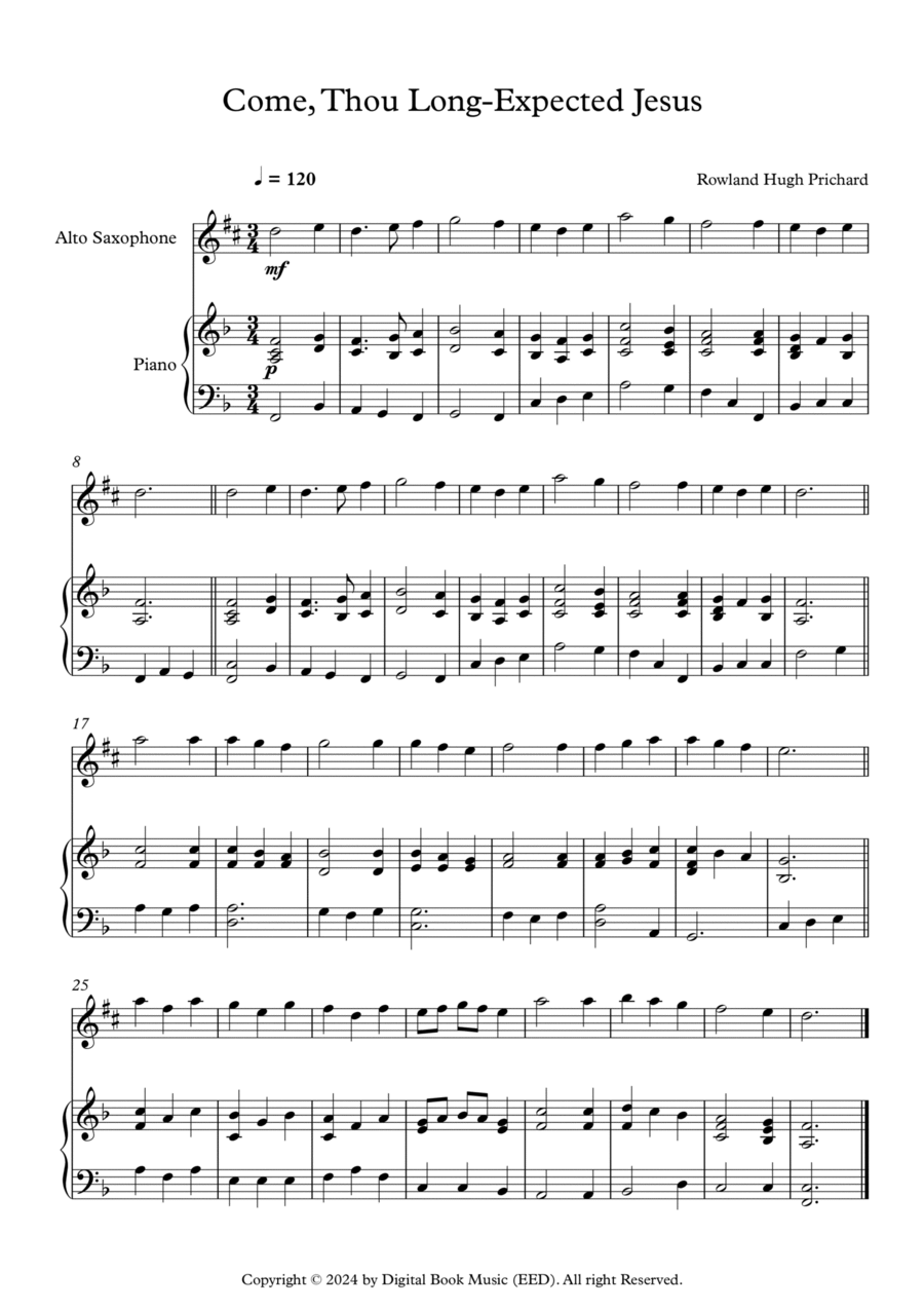 Come, Thou Long-Expected Jesus - Rowland Hugh Prichard (Alto Sax + Piano) Alto Saxophone scores gallery preview page 1