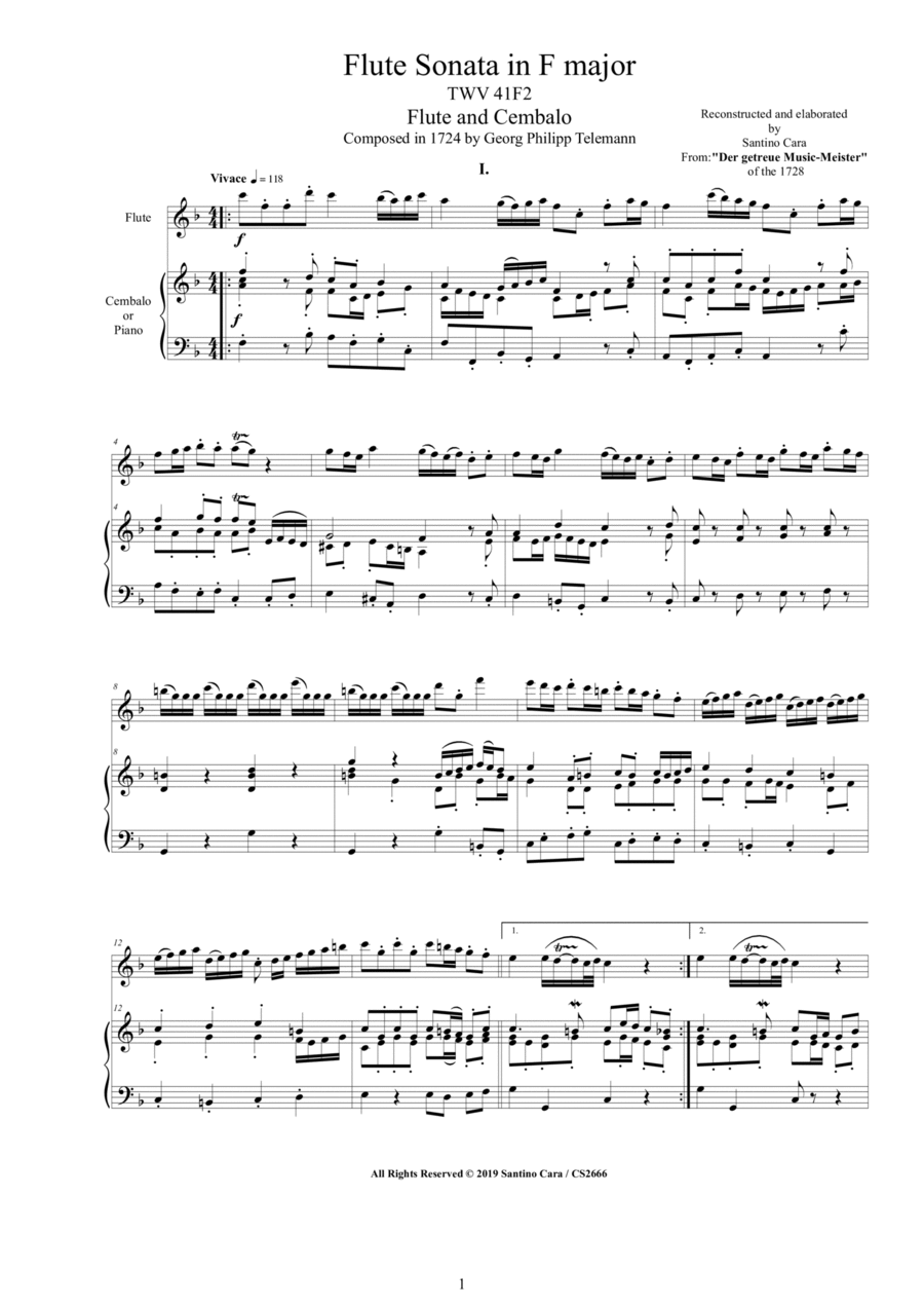 Telemann - Flute Sonata in F major TWV 41-F2 for Flute and Cembalo (or Piano) Woodwind Duet scores gallery preview page 1
