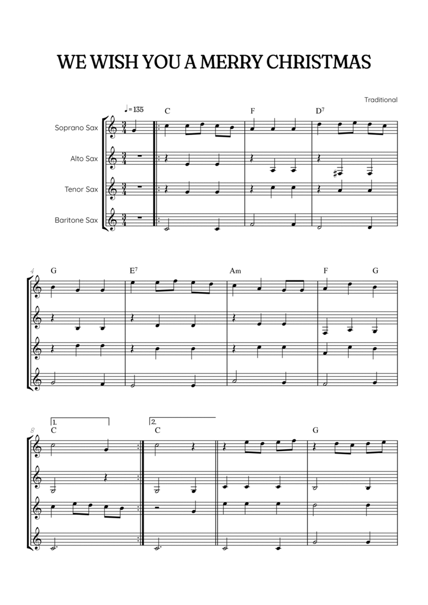 We Wish You a Merry Christmas for Sax Quartet • easy Christmas sheet music w/ chords image number null