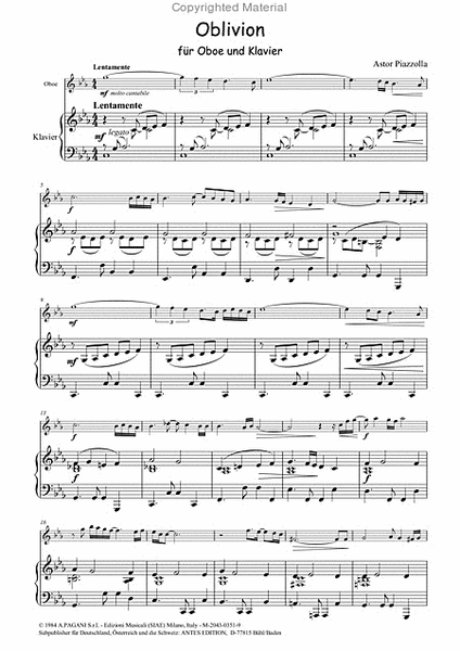Oblivion fur Oboe und Klavier by Astor Piazzolla Oboe - Sheet Music
