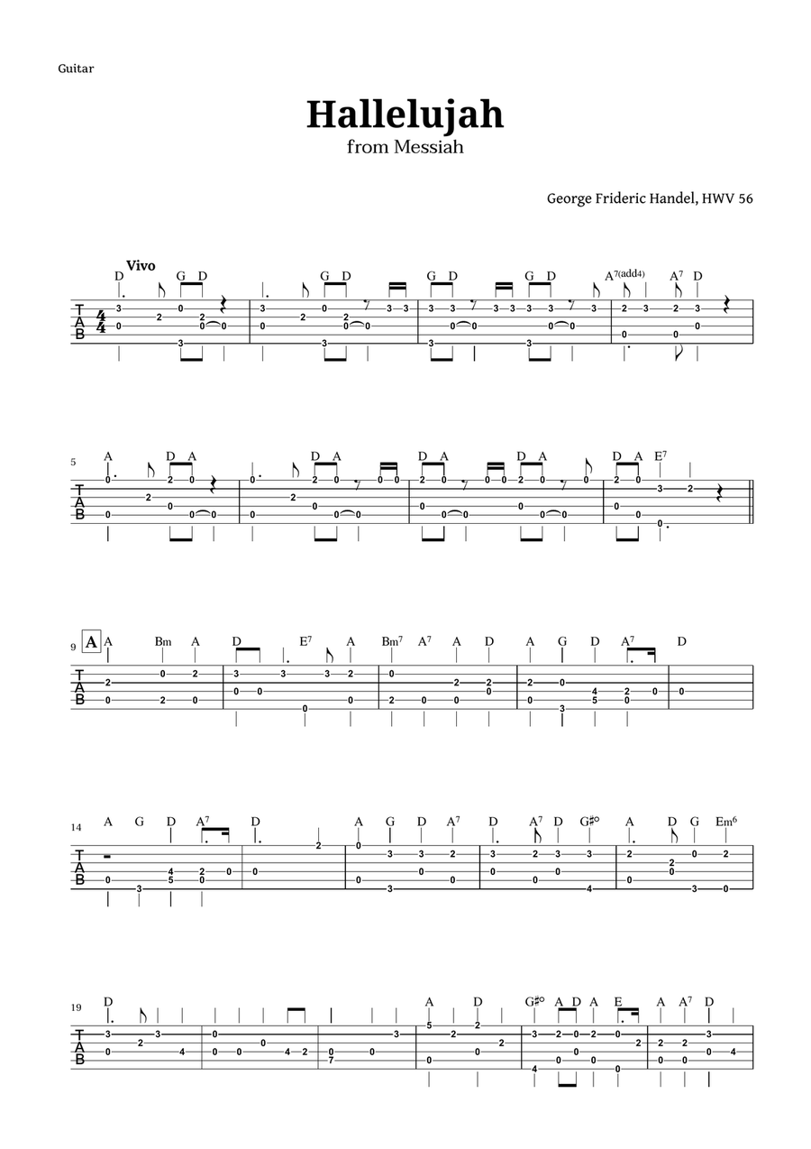 Hallelujah by Handel for Guitar Tab with Chords Classical Guitar scores gallery preview page 1