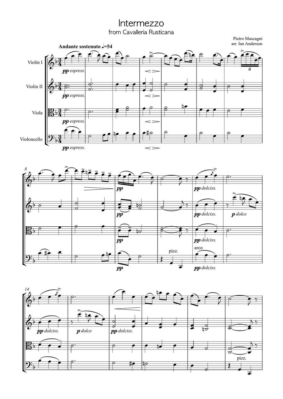 Mascagni: Intermezzo from Cavalleria Rusticana (string quartet) String Quartet scores gallery preview page 1
