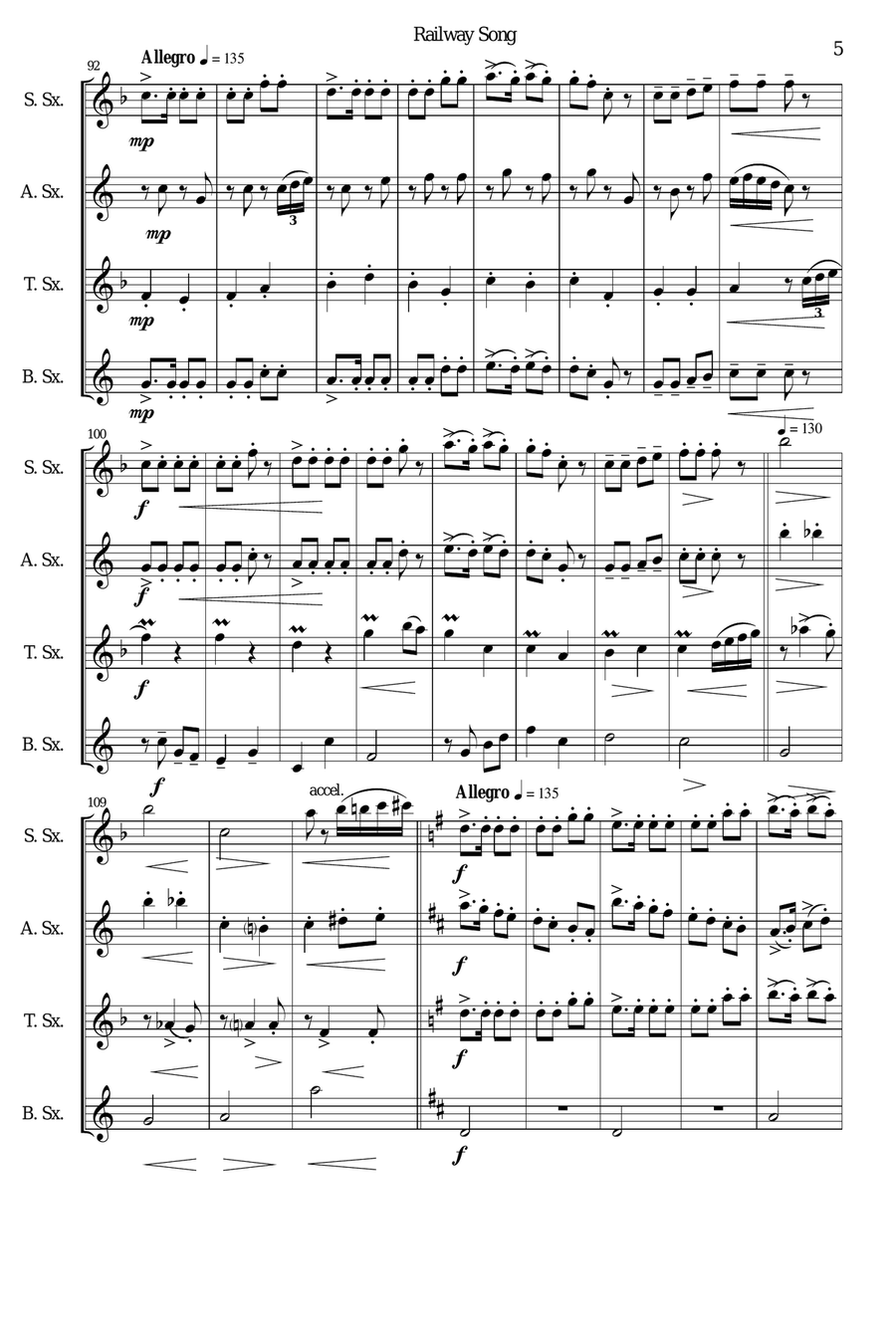 Railway Song (Auf de schwäb'sche Eisebahne) for saxophone quartet Saxophone Quartet scores gallery preview page 5