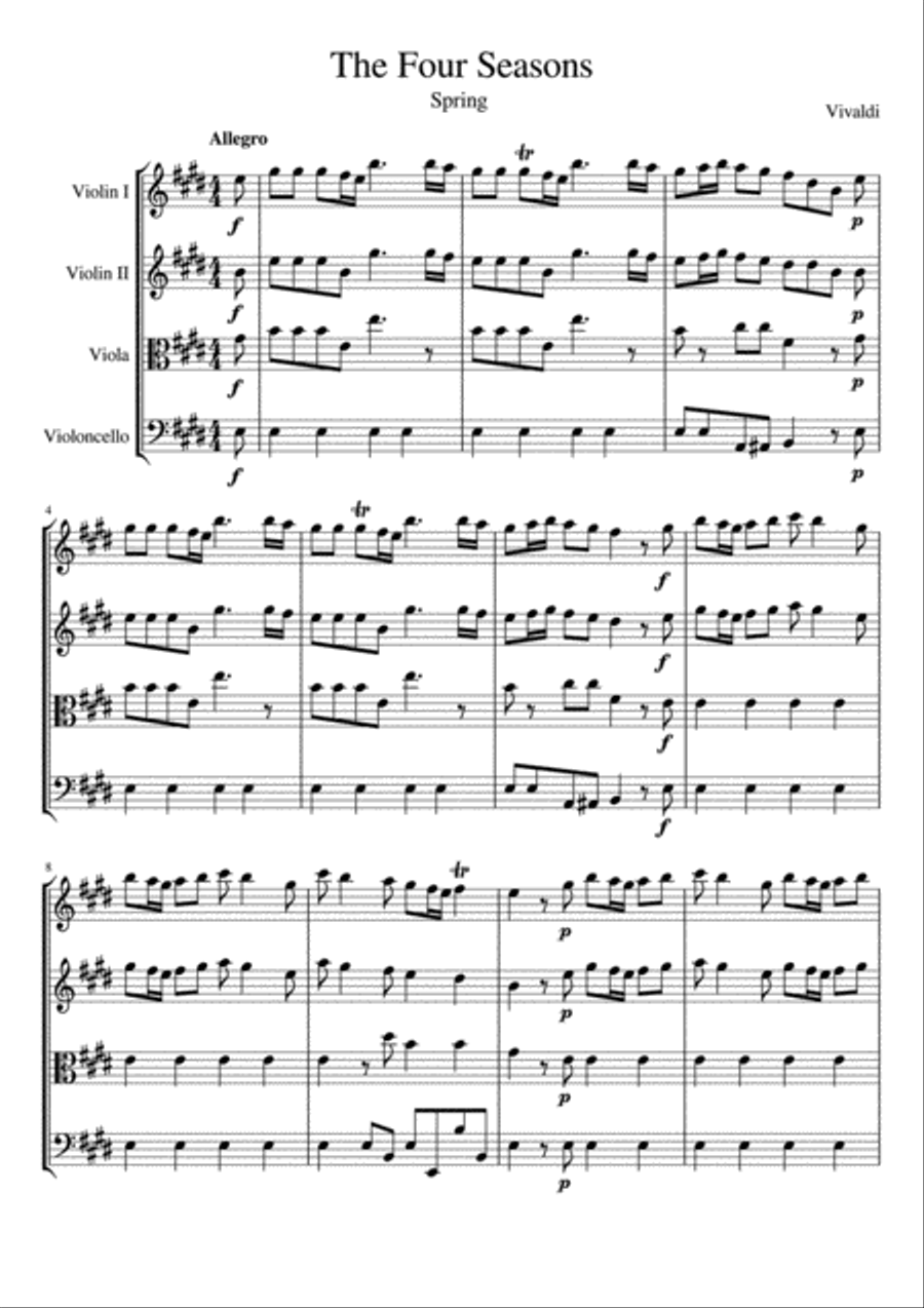 The Four Seasons, Spring, First Movement String Quartet scores gallery preview page 2