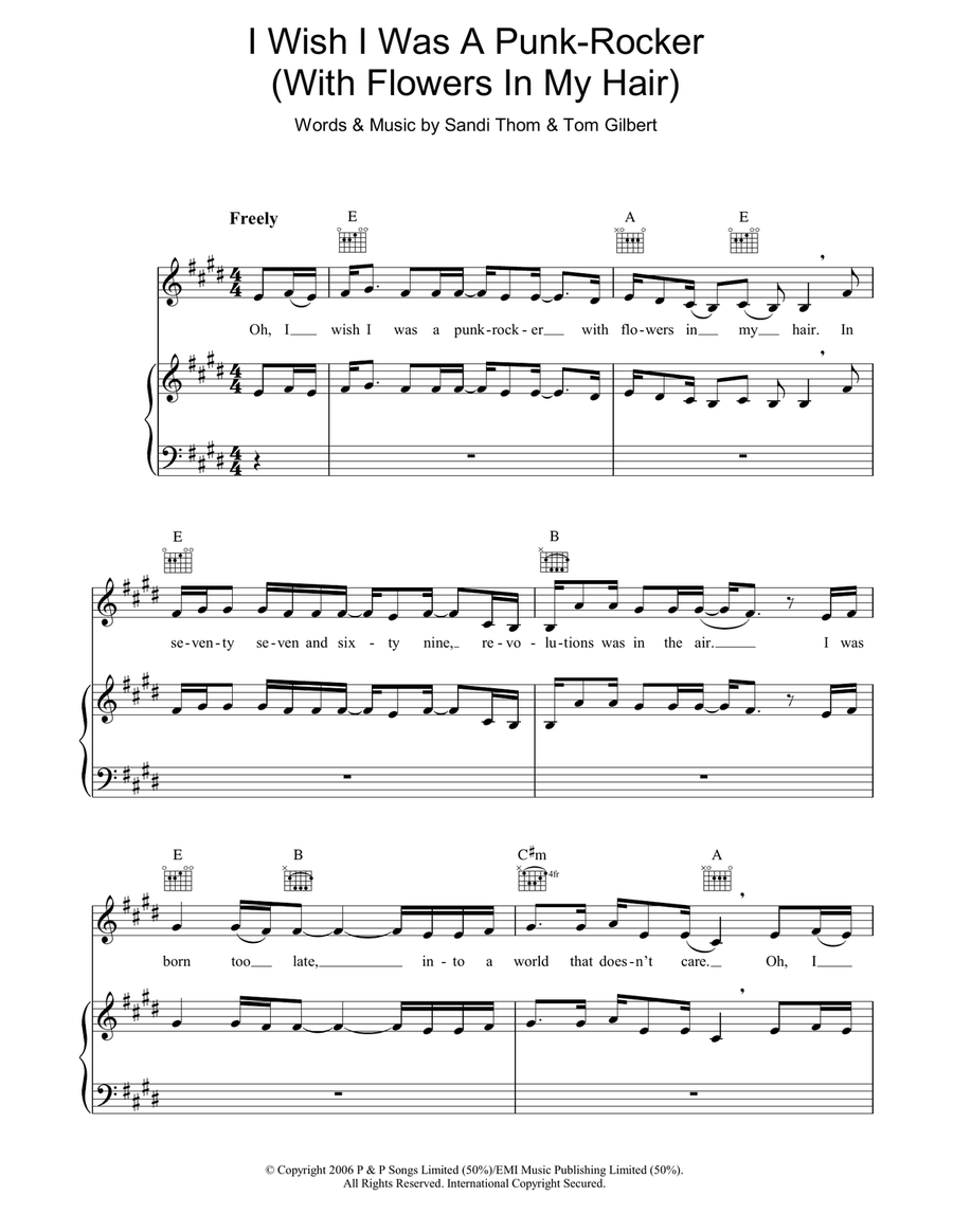 I Wish I Was A Punk Rocker (With Flowers In My Hair) Piano, Vocal, Guitar scores gallery preview page 1