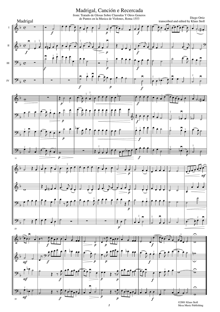 Diego Ortiz,Madrigal, Canción e Recercada from: Tratado de Glosas Sobre Clausulas Y Otros Generos String Quartet scores gallery preview page 2