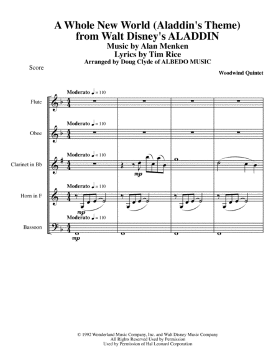 A Whole New World (from 'Aladdin') Woodwind Quintet scores gallery preview page 1